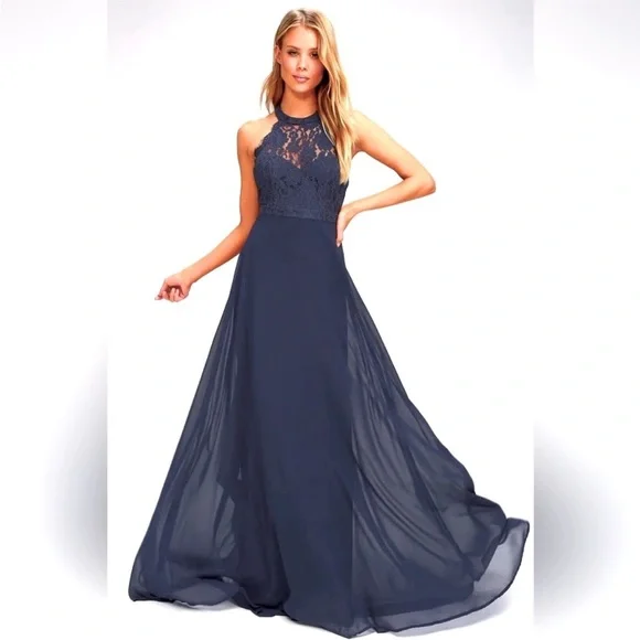 chinese dress ladies Giada Navy Lace Deep V Long Sleeve Maxi Dress (Archive Sale) main image 1